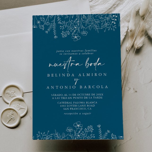 Invitation Calligraphie Marine Fleur sauvage Nuestra Boda (Créateur téléchargé)