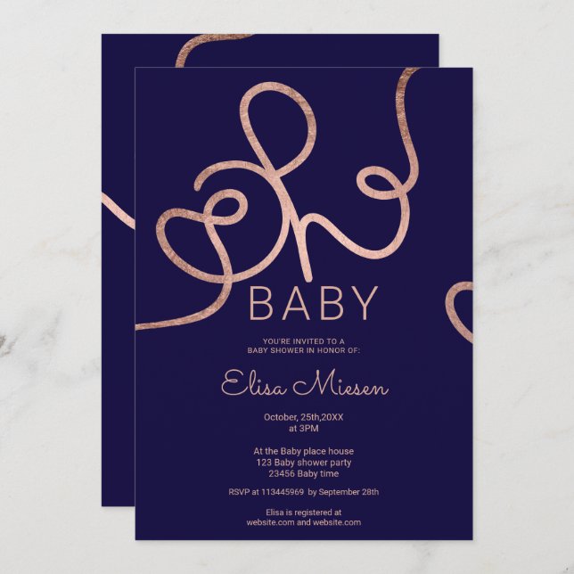 Invitation Calligraphie marine rose moderne or Oh baby shower (Devant / Derrière)