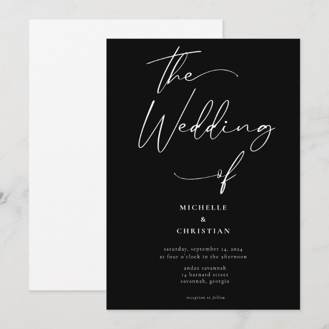 Invitation Calligraphie minimale Mariage noir blanc solide (Devant / Derrière)