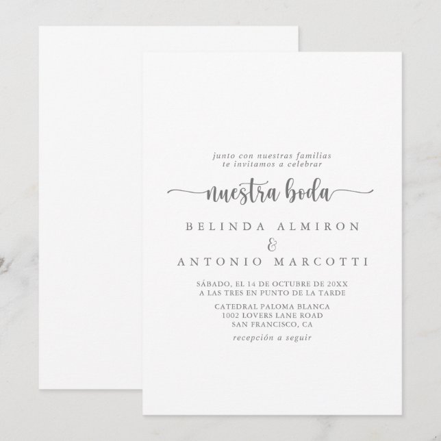 Invitation Calligraphie minimaliste Argent Nuestra Boda (Devant / Derrière)