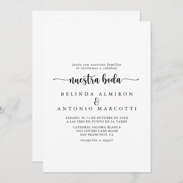 Invitation Calligraphie minimaliste Nuestra Boda Mariage (Devant / Derrière)