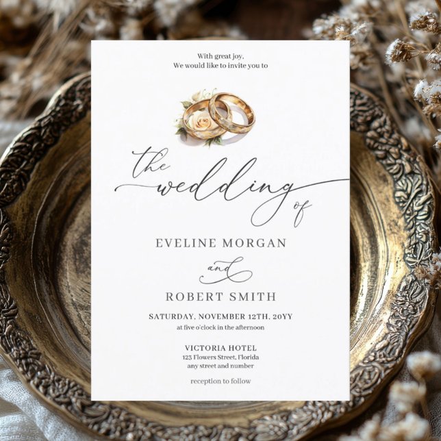Invitation Calligraphie moderne anneaux d'or et mariage rose (trendy hand writing script lettering gold wedding rings wedding invitation)