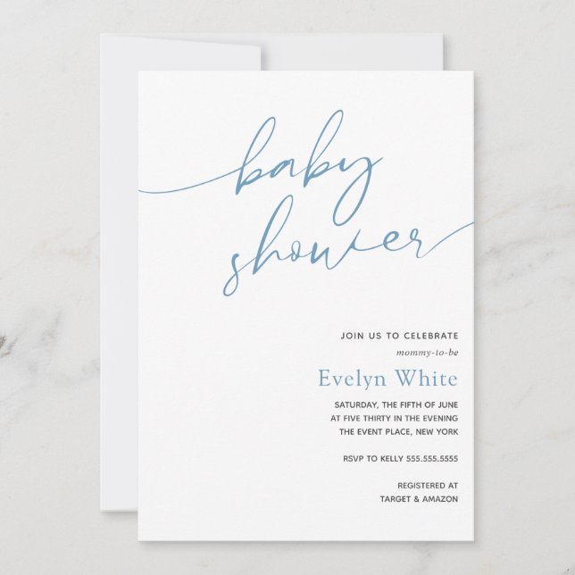 Invitation Calligraphie moderne Blue Boy Baby shower Invitati (Devant)