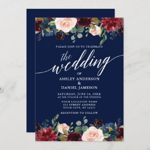 Invitation Calligraphie moderne Bourgogne Floral Mariage bleu
