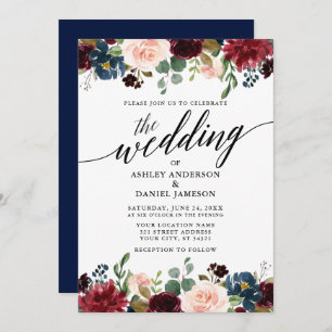 Invitation Calligraphie moderne Bourgogne Floral Mariage bleu