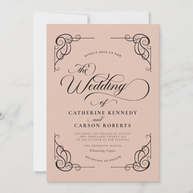 Invitation Calligraphie moderne classique Beige & noir Script (Devant)