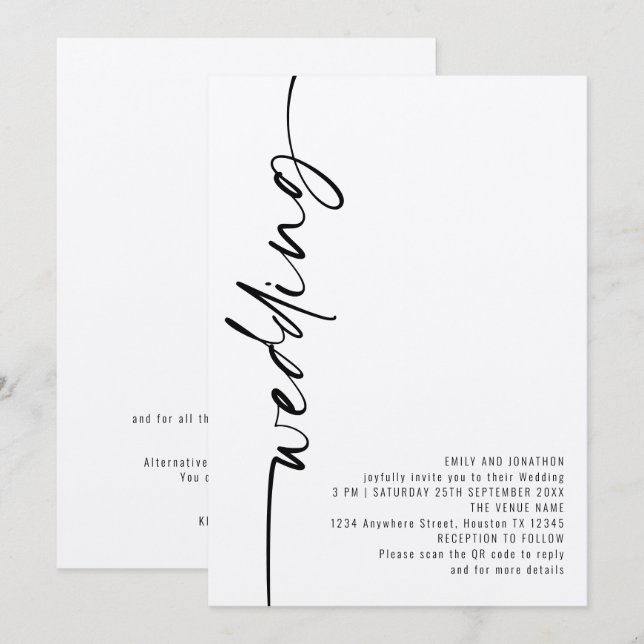 Invitation Calligraphie Moderne Code QR Mariage (Devant / Derrière)