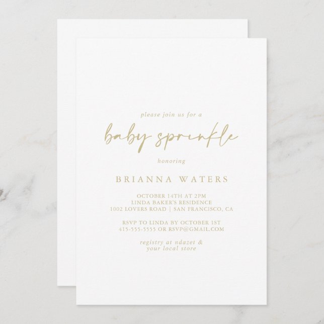 Invitation Calligraphie Moderne Élégant Or Bébé Sprinkle (Devant / Derrière)