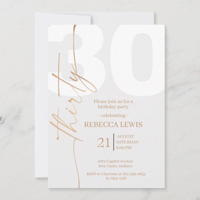 Invitation Calligraphie Moderne Élégante 30 Anniversaire Adul (Devant)