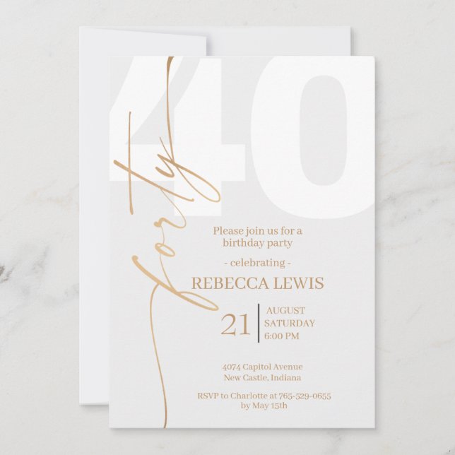 Invitation Calligraphie Moderne Élégante 40e Anniversaire Adu (Devant)