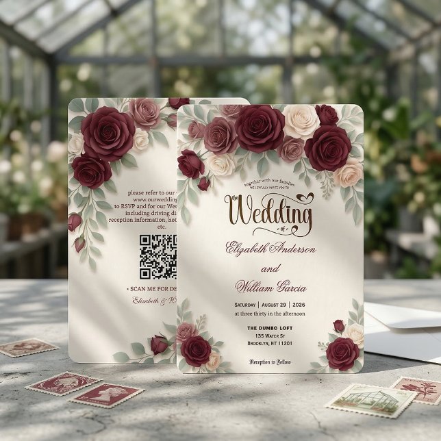 Invitation Calligraphie Moderne Élégante Code QR Rose Bourgog (Créateur téléchargé)
