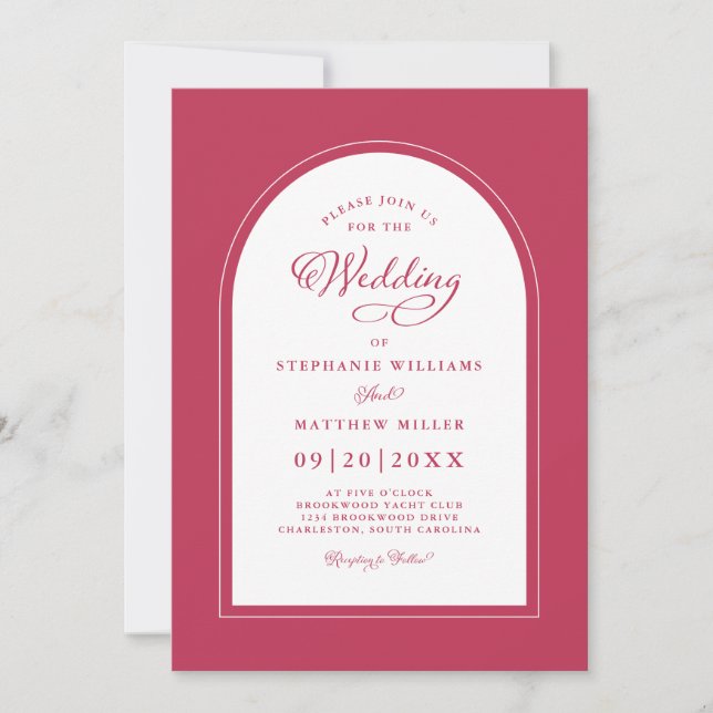 Invitation Calligraphie Moderne Élégante Mariage Rouge Magent (Devant)