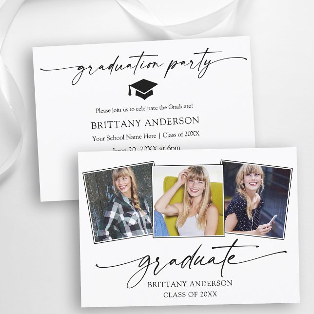Invitation Calligraphie moderne Encre 3 Photos Graduation Par (Customize to change your personalized text size or text style.)