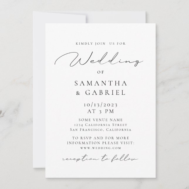Invitation Calligraphie moderne et aérée mariage noir et blan (Devant)