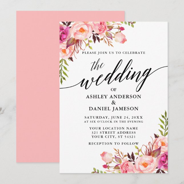 Invitation Calligraphie moderne Floral rose Mariage (Devant / Derrière)