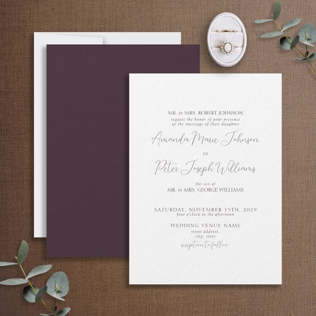 Invitation Calligraphie moderne formelle Plum Purple Mariage (Créateur téléchargé)