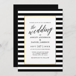 Invitation Calligraphie moderne Gold Frame Mariage rayé
