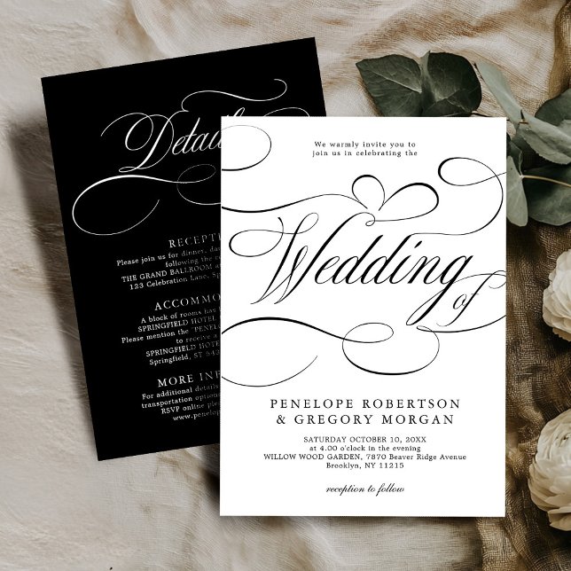 Invitation Calligraphie moderne intemporelle Noir blanc maria (Modern calligraphy timeless Black white wedding Invitation)
