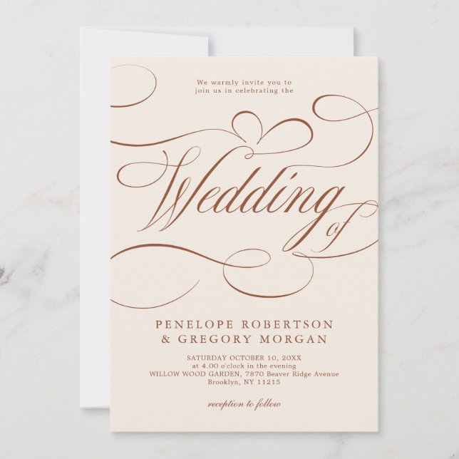 Invitation Calligraphie moderne Mariage en terre cuite intemp (Devant)
