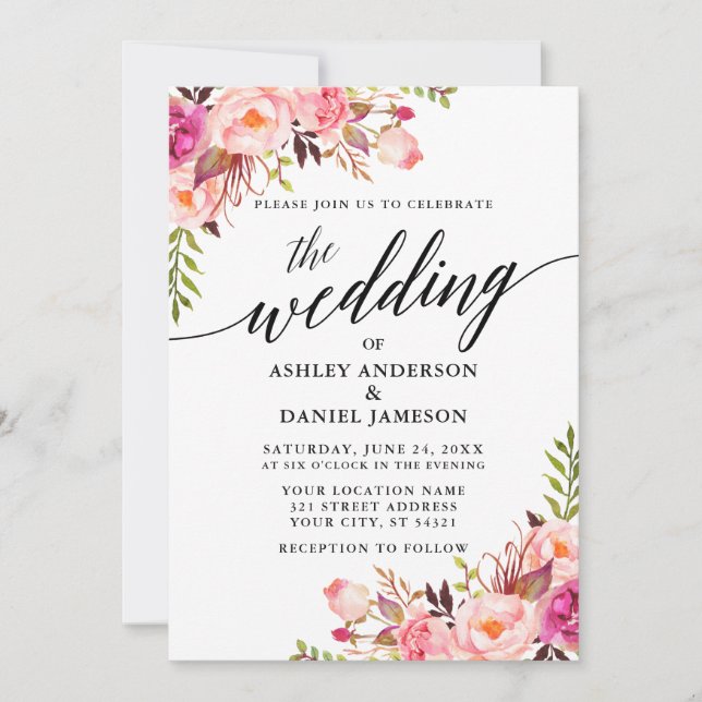 Invitation Calligraphie moderne Mariage floral rose (Devant)