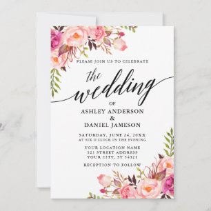 Invitation Calligraphie moderne Mariage floral rose