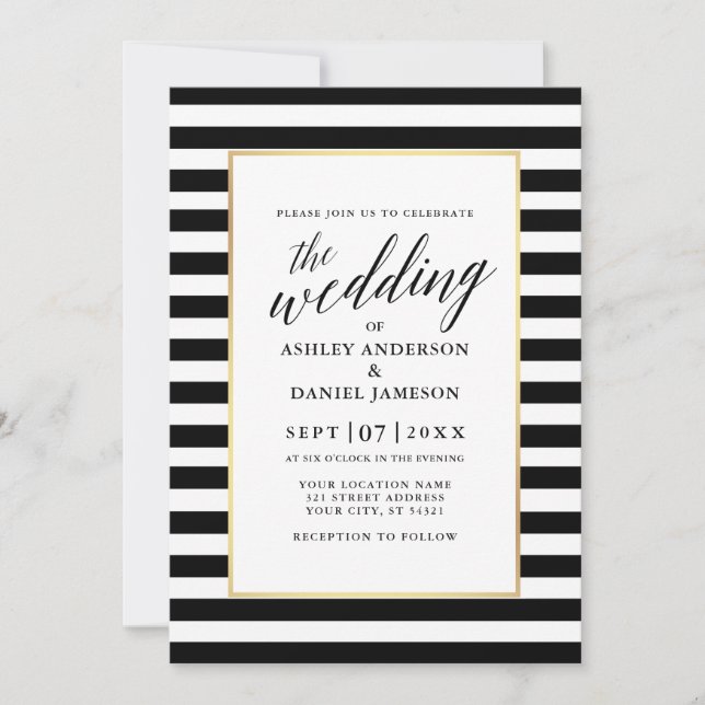 Invitation Calligraphie moderne Mariage rayé Gold Frame (Devant)