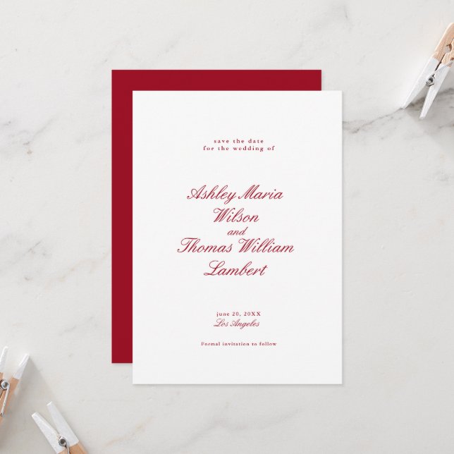 Invitation Calligraphie moderne Mariage rouge Enregistrer la  (Devant/Arrière en situation)