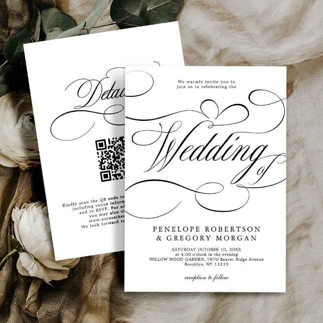 Invitation Calligraphie moderne noir blanc code QR mariage (Modern calligraphy black white QR code on back wedding Invitation)