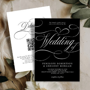 Invitation Calligraphie moderne noir blanc code QR mariage