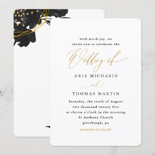Invitation Calligraphie moderne noir et or Mariage floral