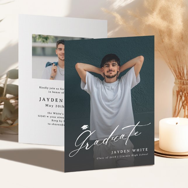 Invitation Calligraphie moderne photo remise de diplôme (Modern Calligraphy Photo Graduation Announcement)