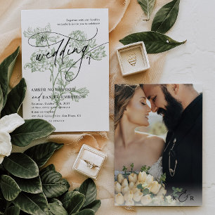 Invitation Calligraphie moderne Photo Sage Vert Floral Mariag
