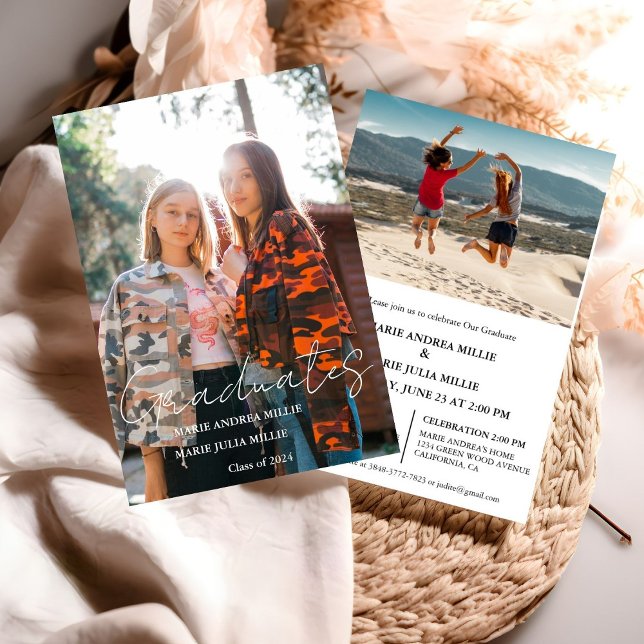 Invitation Calligraphie moderne Twin Graduate Photo Graduate  (Créateur téléchargé)