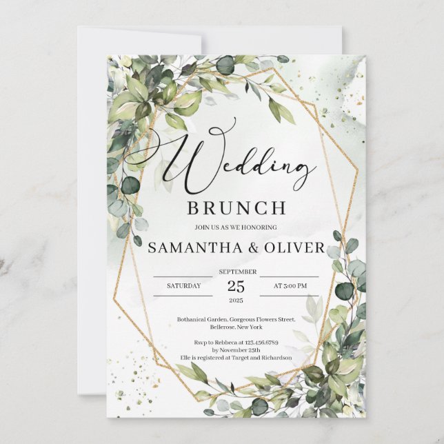 Invitation Calligraphie moderne verdure or brunch mariage  (Devant)