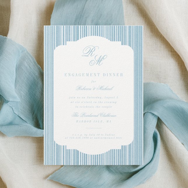 Invitation Calligraphie Monogramme Bleu Stripes Fiançailles (Créateur téléchargé)