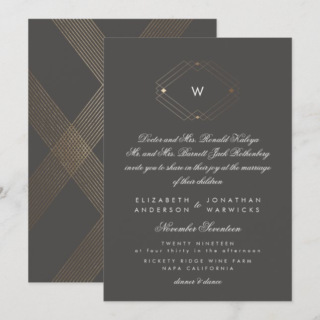 Invitation Calligraphie Monogramme Formel Or Foil Charbon (Devant / Derrière)