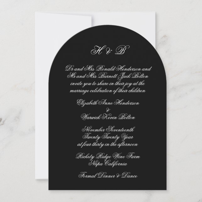 Invitation Calligraphie Monogramme Noir Forme Arc Mariage (Devant)