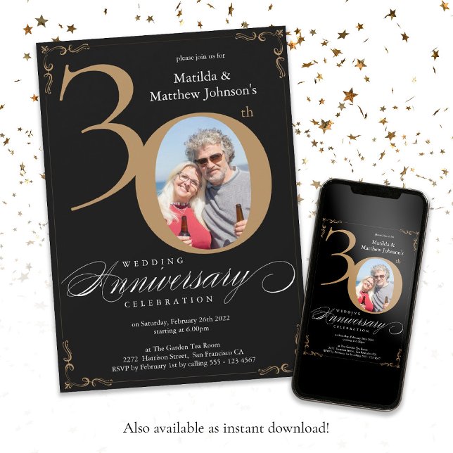 Invitation Calligraphie Noces d'Or 30 Ans de Mariage (Black Gold 30th Wedding Anniversary Calligraphy Invitation)