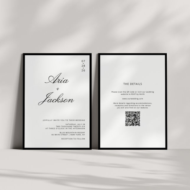 Invitation Calligraphie noir et blanc Mariage de code QR mode (Créateur téléchargé)