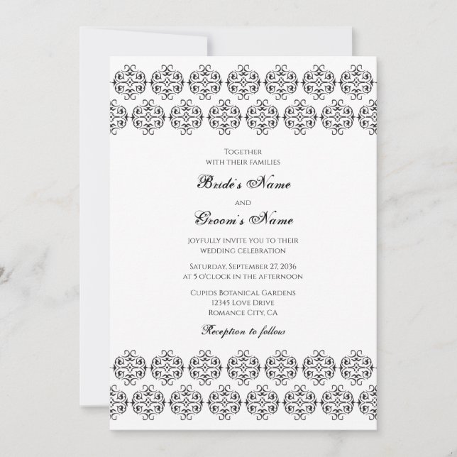 Invitation Calligraphie noir et blanc Vintage Mariage damassé (Devant)