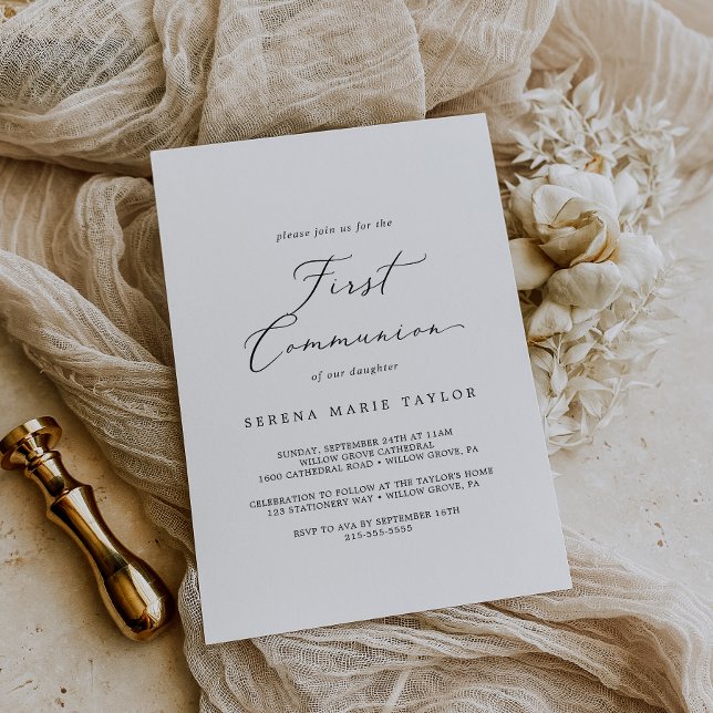 Invitation Calligraphie noire délicate Première communion (Créateur téléchargé)