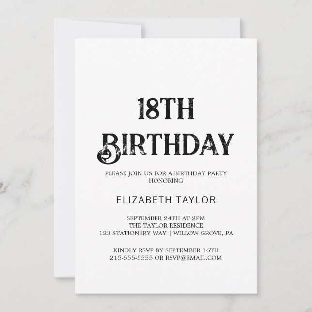 Invitation Calligraphie noire intemporelle pour 18 ans (Devant)