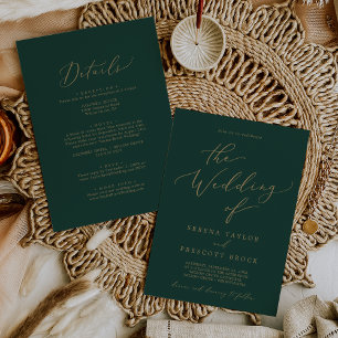 Invitation Calligraphie Or Délicat Vert Tout en un Mariage
