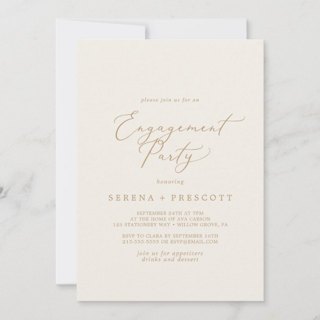 Invitation Calligraphie Or Délicate | Cream Engagement Party (Devant)