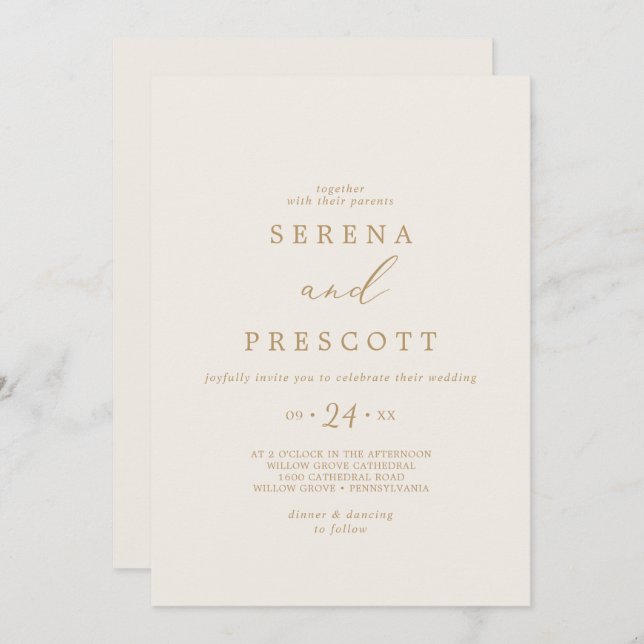 Invitation Calligraphie Or Délicate | Mariage Décontracté crè (Devant / Derrière)