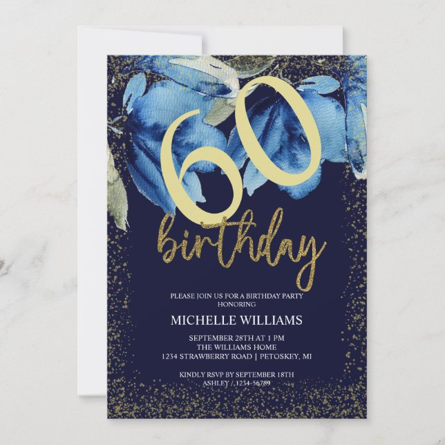 Invitation Calligraphie Pailletée Fleur Indigo (Devant)