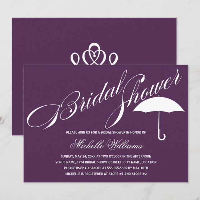 Invitation Calligraphie parapluie violet Fête des mariées (Devant / Derrière)