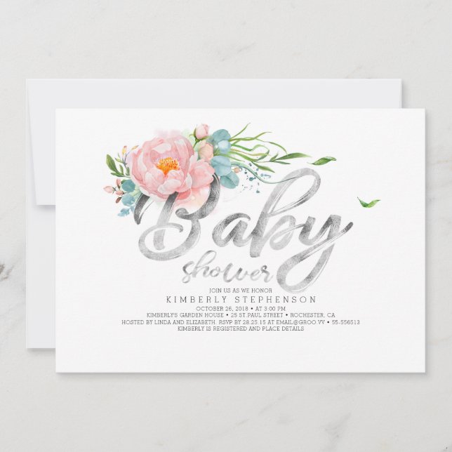 Invitation Calligraphie Parties scintillant argent Baby showe (Devant)