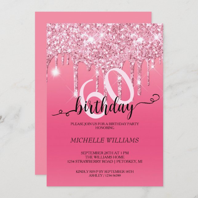 Invitation Calligraphie Parties scintillant argent rose Anniv (Devant / Derrière)