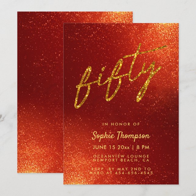 Invitation Calligraphie Parties scintillant or rouge Élégant  (Devant / Derrière)